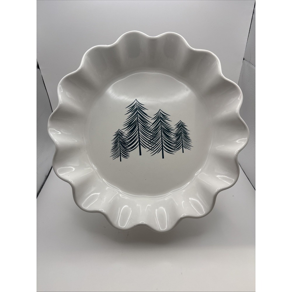 Crofton~2021~Ceramic Pie Dish Ruffled Edge~White w Green Pine Tree Design~Aldi